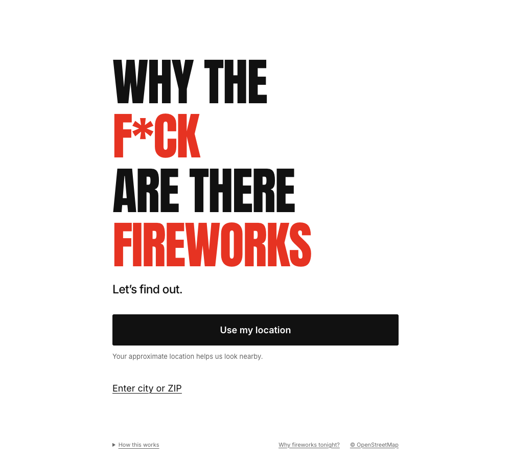 Fireworks website homepage with options to use your location or enter a city or ZIP